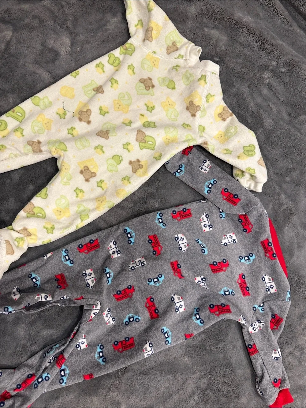 Gray Footed One-Piece with Car Print and Green/Yellow Fleece One Piece